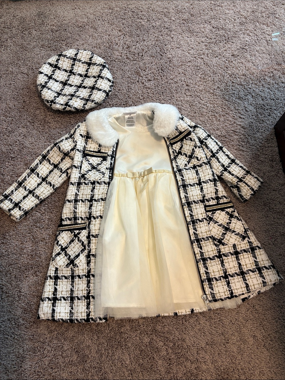 Blueberi Boulevard Black & White Tweed Pea Coat with Matching Beret With Dress
